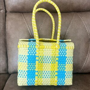 Stylish Yellow and Blue Woven Tote Bag